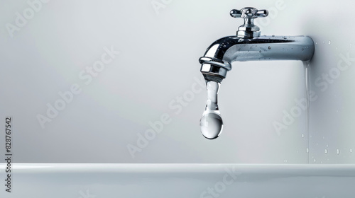 a drop of water falling from a tap, with the whole tap visible on a white background