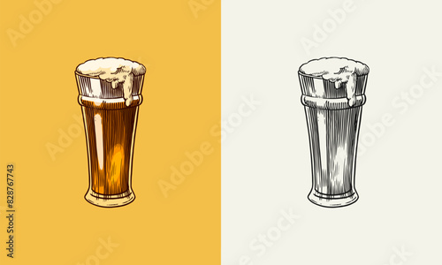 Beer, classical alcohol. Glass mug with drink. Cheers toast. Engraved in ink hand drawn in old sketch for oktoberfest. Vintage style.