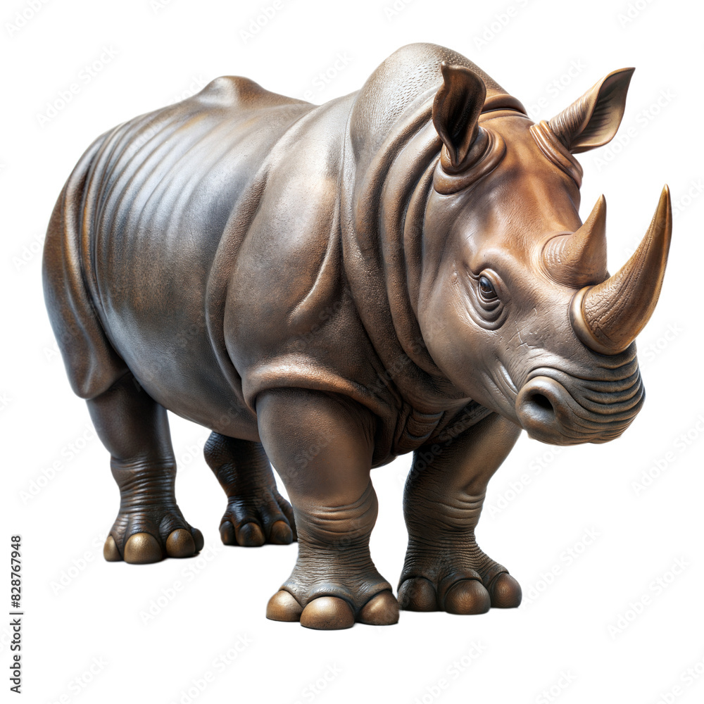 Fototapeta premium A beautifully crafted bronze rhino sculpture showcased with excellent studio lighting, highlighting its detailed and lifelike features