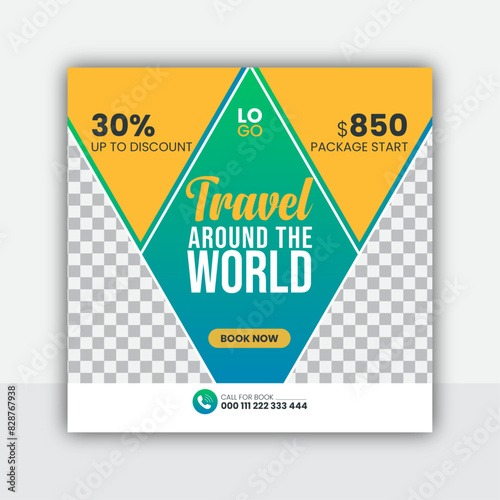 Travel social media post design or square flyer design template