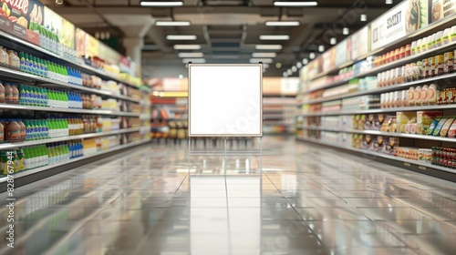 Blank Billboard in a Bright Supermarket Aisle