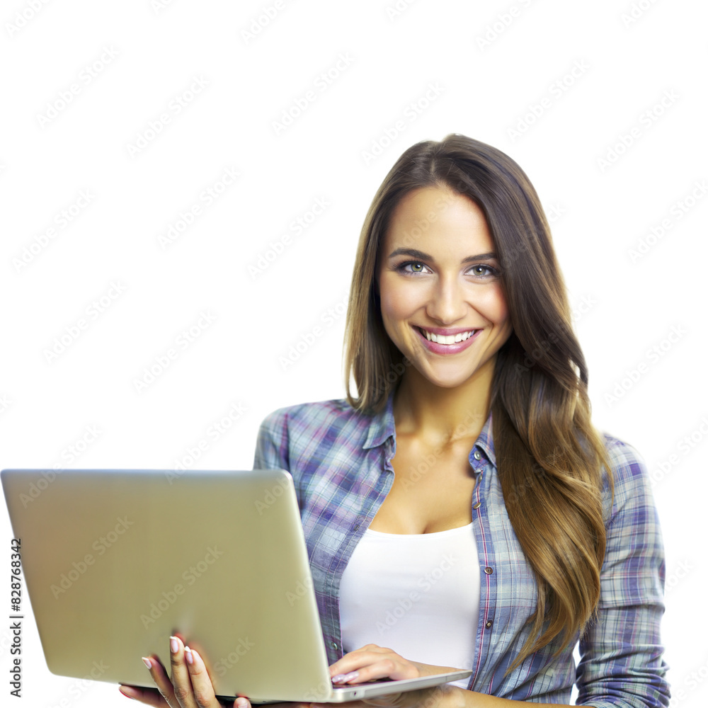 A cheerful woman in a casual plaid shirt uses a laptop in a well-lit setting, showcasing a positive attitude A cheerful woman in a casual plaid shirt uses a laptop in a well-lit setting, showcasing a positive attitude