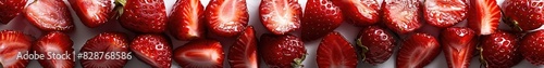 Juicy strawberry slices. Ripe red strawberries on a white background for banner, cover, label. Strawberry background, juice, jam, dessert. Berry background. Fruit background.
