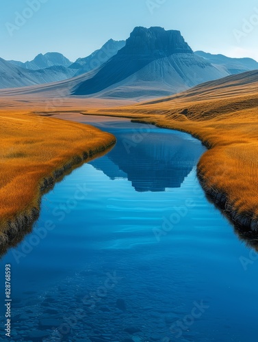 Serene Mountain Landscape with Clear Blue River Reflecting Golden Fields and Majestic Peaks.