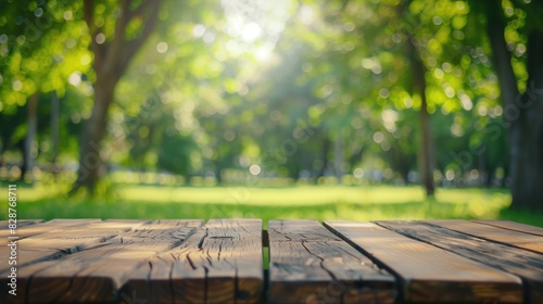 Empty wooden table with green park nature background, Wood table for food and product display over blur green tree garden, Park nature outdoor and wood table in spring and summer, generative ai