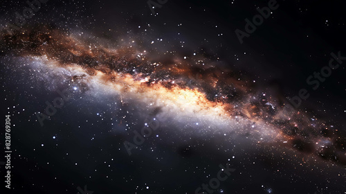 The image is a beautiful space scene, showing a glowing spiral galaxy in the center. There are stars scattered around the galaxy.