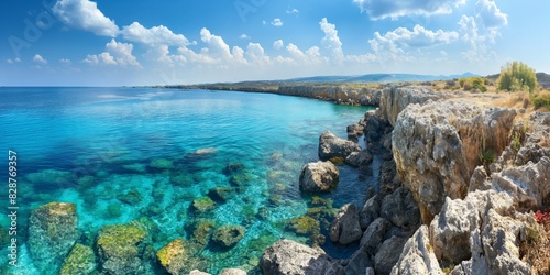 This impressive panoramic image captures the clear turquoise waters along a rocky coastline under a blue sky