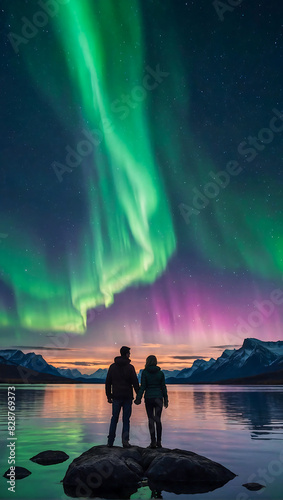 Silhouette of a loving couple holding hands by a calm lake with the beautiful northern lights dancing in the evening sky