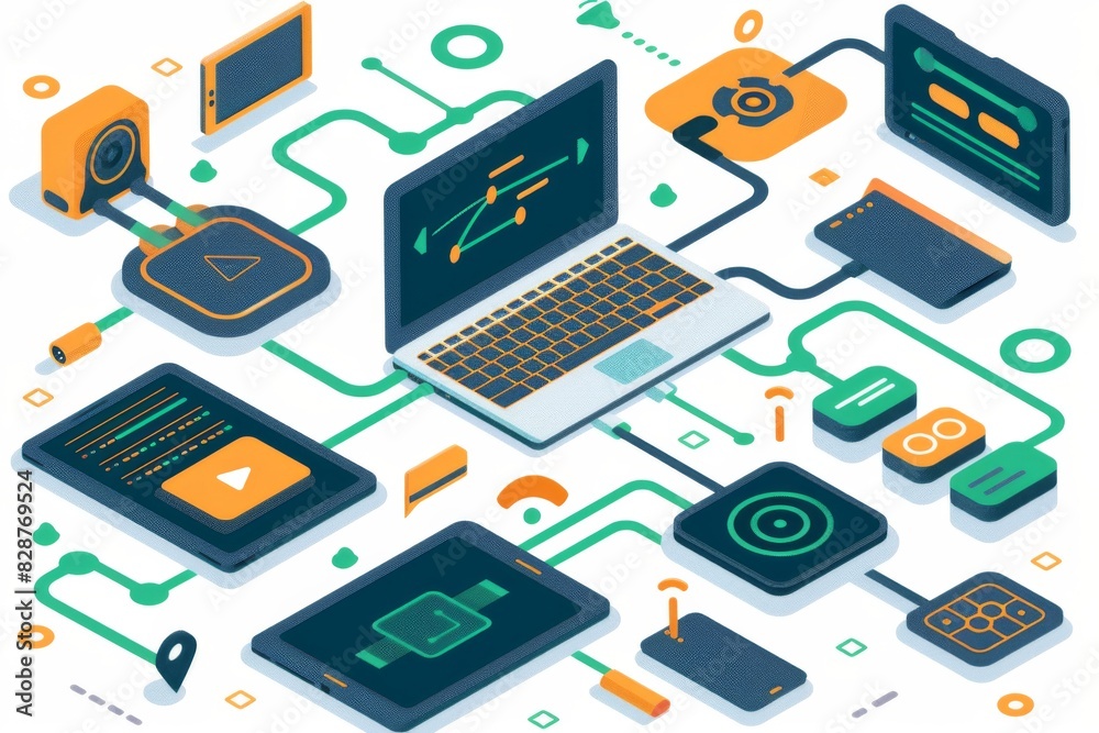 Abstract digital network with interconnected devices, highlighting the concept of IoT and advanced technological ecosystems Abstract digital network with interconnected devices, highlighting the concept of IoT and advanced technological ecosystems