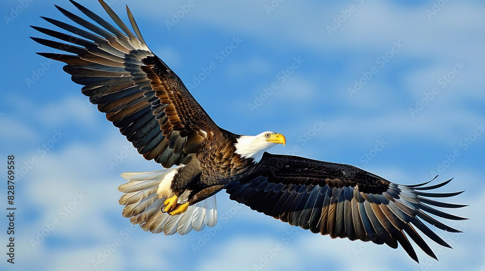 Obraz premium A large bald eagle soaring high in a blue sky