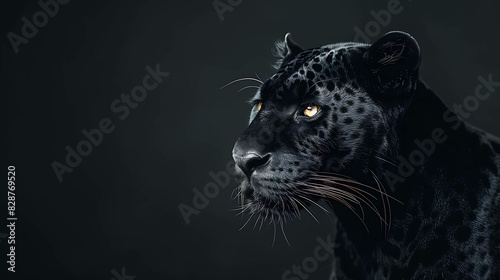 A stunning close-up of a black panther against a dark background. The panther's eyes are a deep, piercing yellow, and its fur is sleek and glÃ¤nzend.