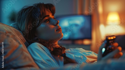Serene Evening Relaxation: Young Woman Watching TV at Night