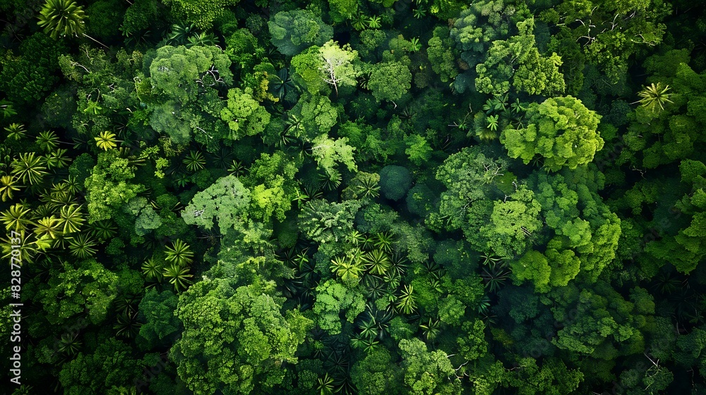 This is an aerial view of a lush green rainforest canopy. The dense vegetation is made up of a variety of tree species, including palms and ferns.