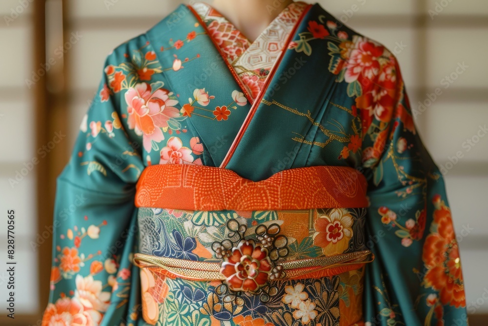 A woman wearing a green kimono with floral patterns and an orange obi A woman wearing a green kimono with floral patterns and an orange obi