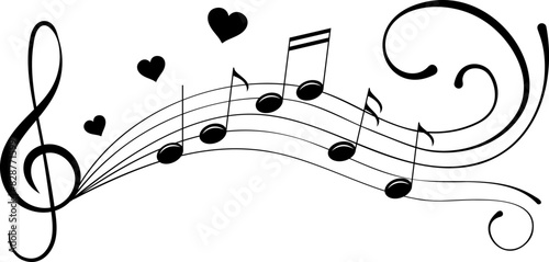 Musical theme. Decorative wave with treble clef, heart and notes. Musical note, small tattoo, print for clothing.