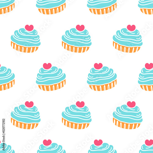 Bakery seamless pattern cupcake and muffin doodles