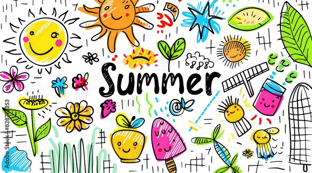Fototapeta premium Colorful children's drawing of a smiling sun and children enjoying summer with the word summer