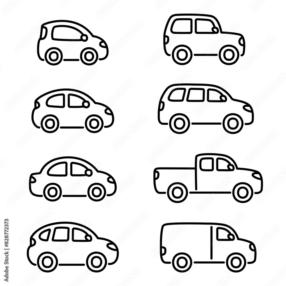 Car types cartoon doodle line icon set