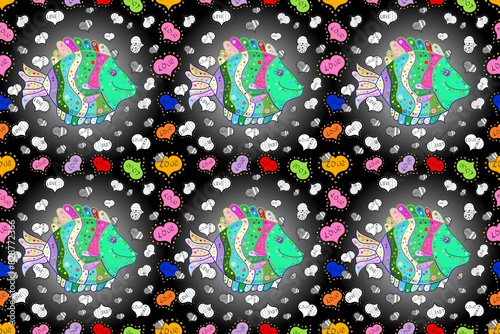 Fishes on gray, green and black colors. Seamless colorful background. Cute texture fish pattern.