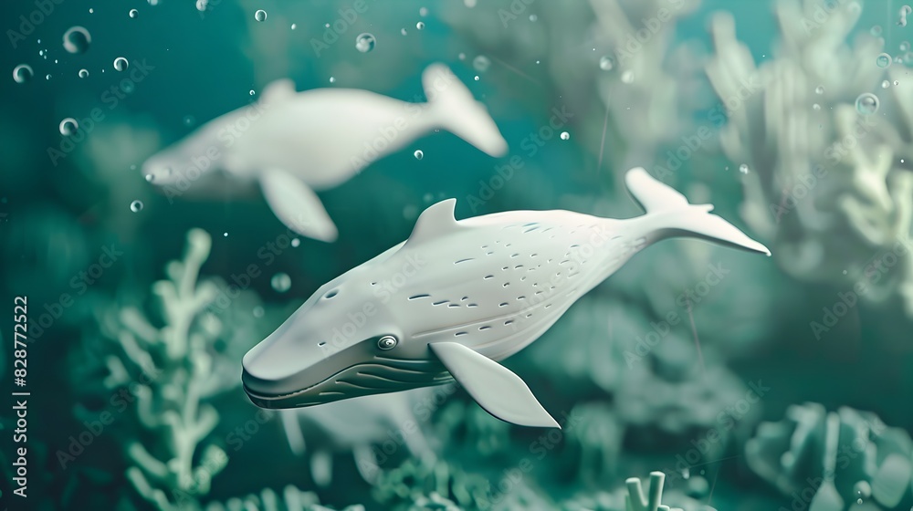 Naklejka premium Serene Cetacean Aquatic Seascape:Minimalist 3D Clay Whales Floating in the Depths