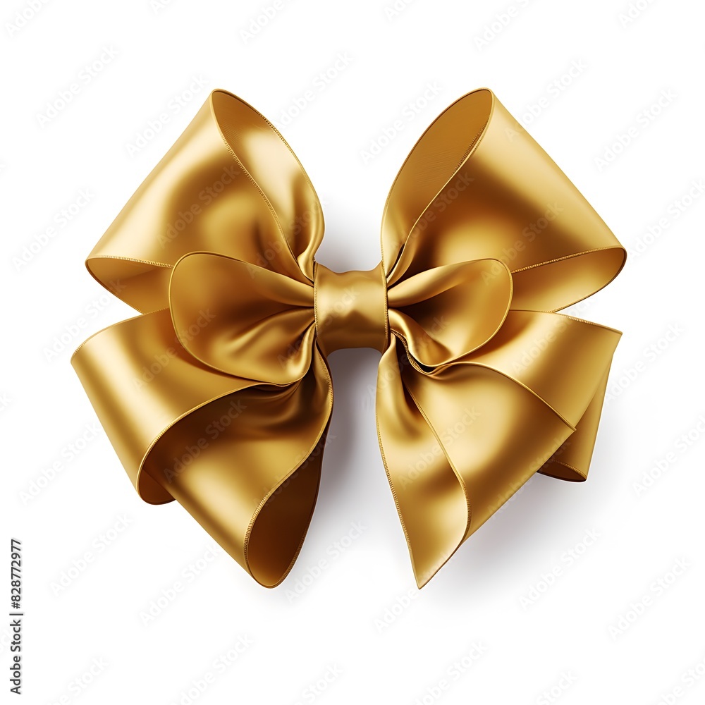 Realistic golden ribbon bow. Luxury gift decoration element. Generative AI.
