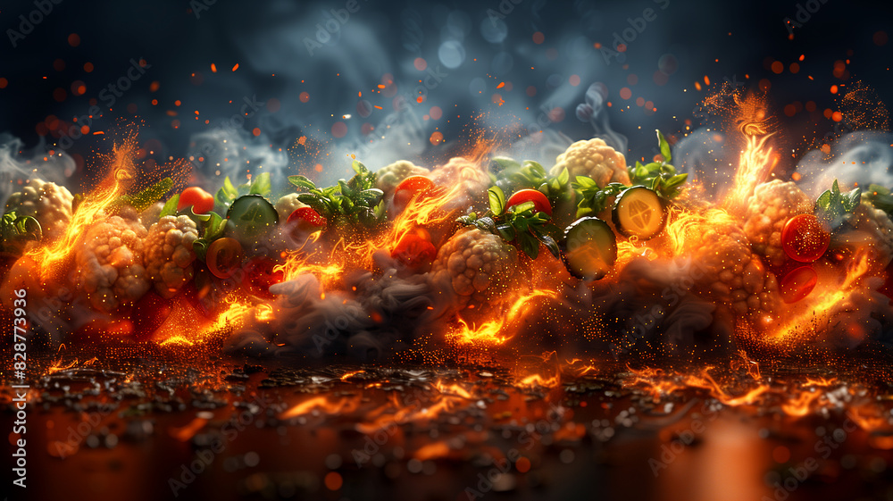 A close up of a fire with a bunch of vegetables in it A close up of a fire with a bunch of vegetables in it
