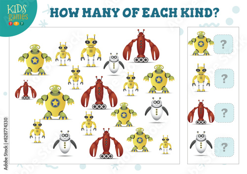 How many of each kind cartoon robot kids counting game vector illustration