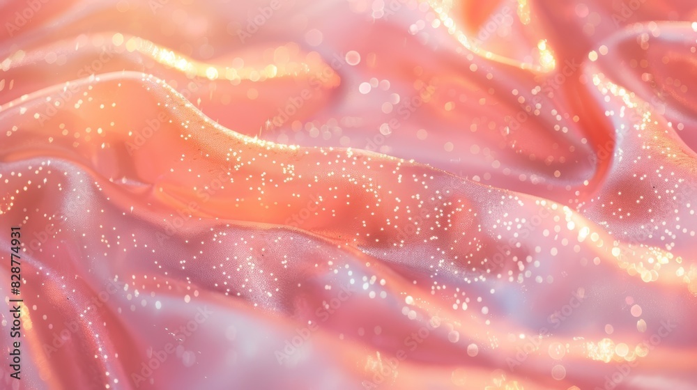 Fototapeta premium Sublime waves of pink and peach silk embellished with delicate sparkling droplets, capturing a dreamlike softness and glow. Generative Ai
