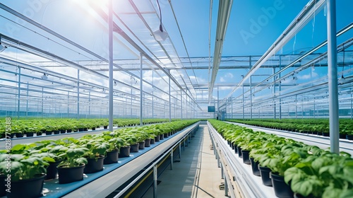 Modern greenhouse with many plants growing in pots on shelves