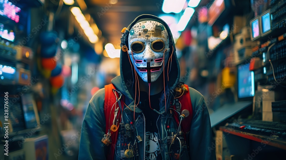 A cyberpunk wearing a mask made of computer parts stands A cyberpunk wearing a mask made of computer parts stands