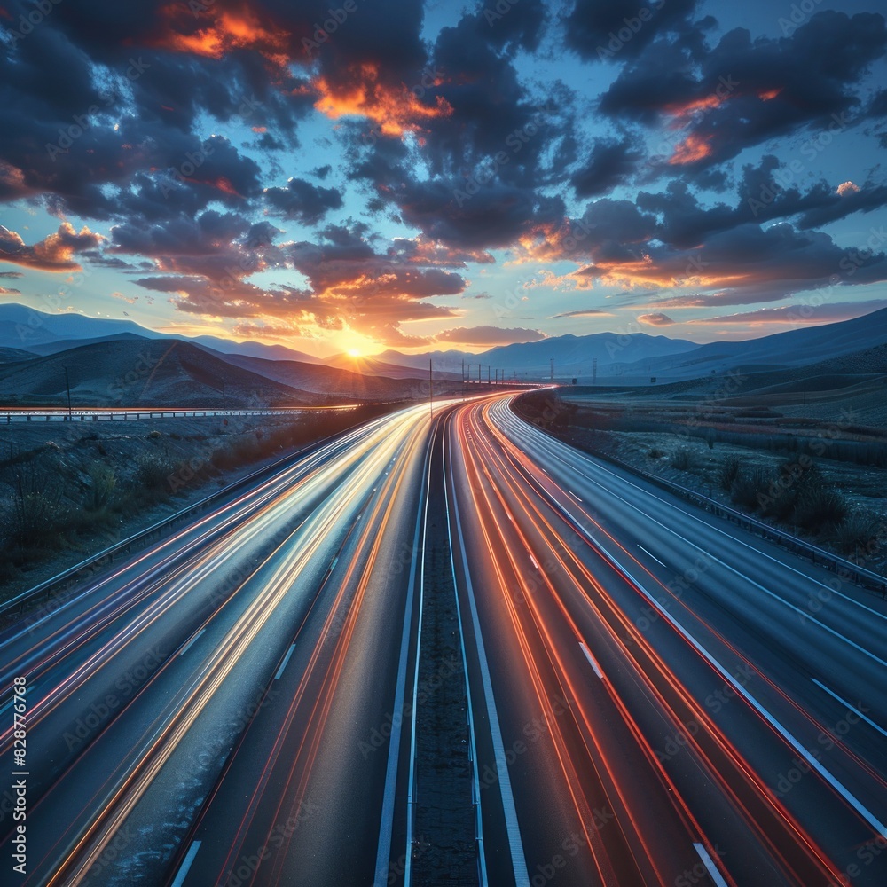 Wide open asphalt road with white markings in the middle of the road, beautiful sky and clouds background, race track photography style, with blurred motion Wide open asphalt road with white markings in the middle of the road, beautiful sky and clouds background, race track photography style, with blurred motion