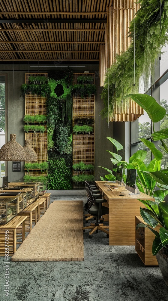 An eco-friendly office with sustainable materials, such as bamboo desks and recycled glass decor, large vertical gardens,