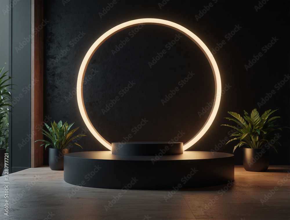 Podium for product display with dark, elegant and exclusive theme. 3D render, backlight circle, aesthetic plant in pot, black color dominant. Podium for product display with dark, elegant and exclusive theme. 3D render, backlight circle, aesthetic plant in pot, black color dominant.