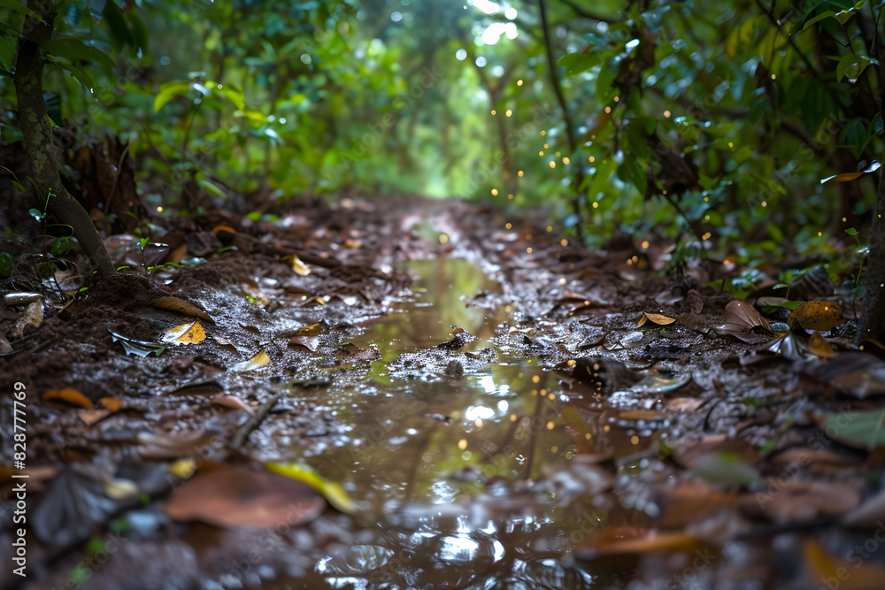 Fototapeta premium A forest path mired in mud, strewn with abundant leaves, and punctuated by a water-filled puddle