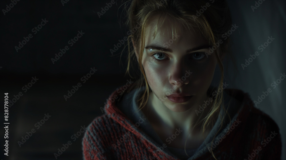 An angry & scared vulnerable young teen girl for crime or violence with fear on dark background .Terrified, or horrified girl or woman, abuse girl, harassment, distress concepts. An angry & scared vulnerable young teen girl for crime or violence with fear on dark background .Terrified, or horrified girl or woman, abuse girl, harassment, distress concepts.