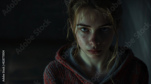An angry & scared vulnerable young teen girl for crime or violence with fear on dark background .Terrified, or horrified girl or woman, abuse girl, harassment, distress concepts.