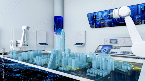 Futuristic Sci-Fi Hallway Interior with Hologram table, Smart Robot and Monitor Screen on Wall, 3D Rendering	