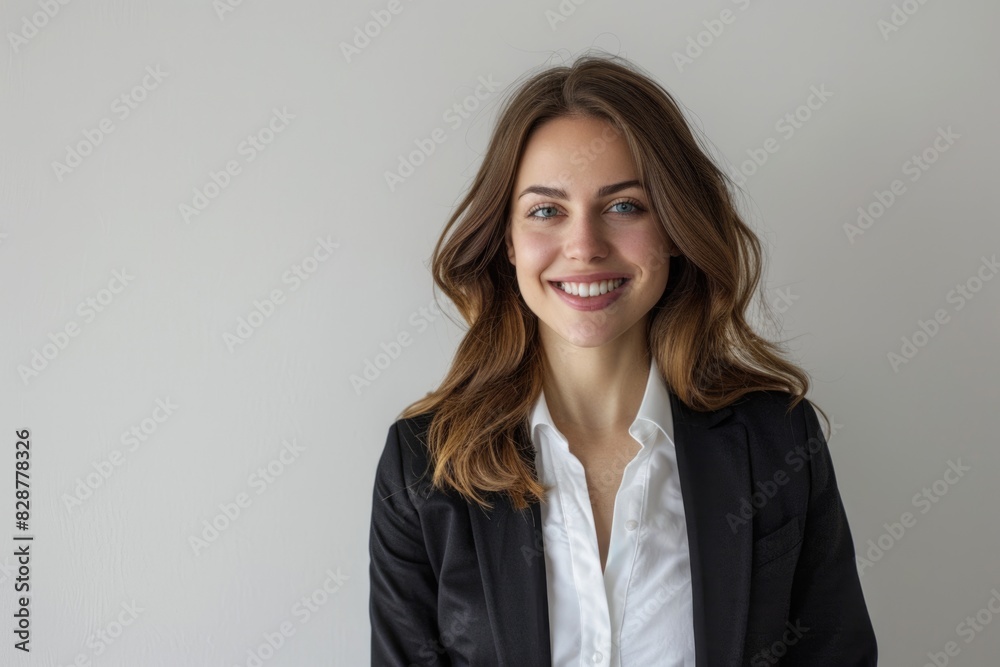 Confident businesswoman standing and smiling on white background. Confident businesswoman standing and smiling on white background.