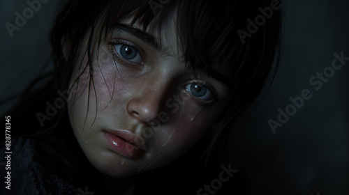 An angry & scared vulnerable crying young teen girl for crime or violence with fear on a dark background.Terrified, or horrified girl or woman,  harassment, distress concepts. photo