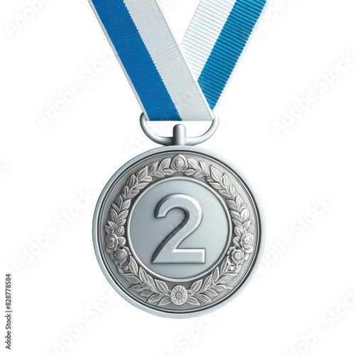 Silver medal with ribbon isolated on white transparent. Sport athlete winner award, second place photo