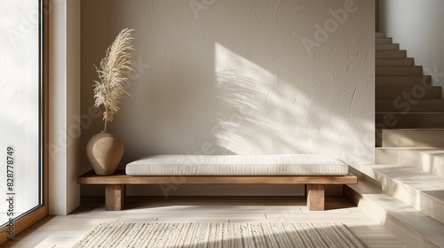 Minimalist bench with a cushioned seat in an entryway
