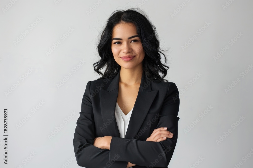 Confident Latin businesswoman in formal suit poses for camera. Confident Latin businesswoman in formal suit poses for camera.