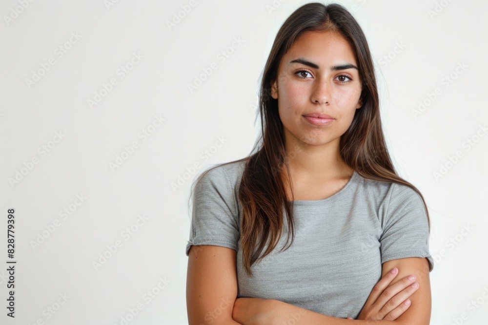Young challenging Latina woman isolated vertical photo white background Young challenging Latina woman isolated vertical photo white background