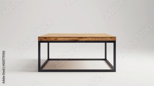 Minimalist coffee table with a metal frame and wooden top, isolated on a white studio background