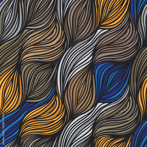 Vector color abstract hand-drawn hair pattern with waves and clouds. Asian style element for design. photo