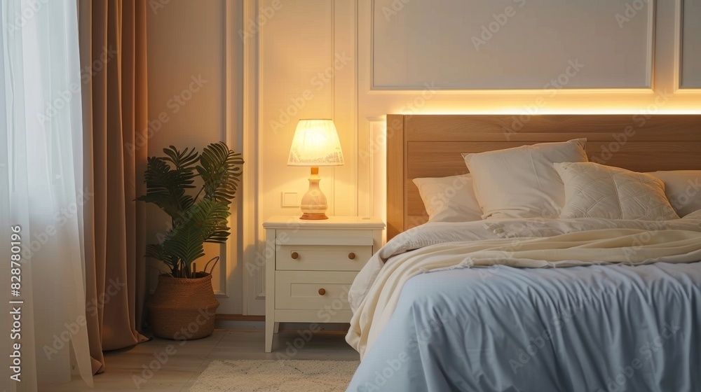 Fototapeta premium Minimalist nightstand with a built-in lamp beside a bed