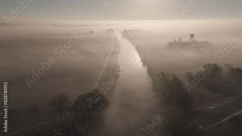 Morning Mist over Dokkumer Ee River, Friesland: Aerial View photo