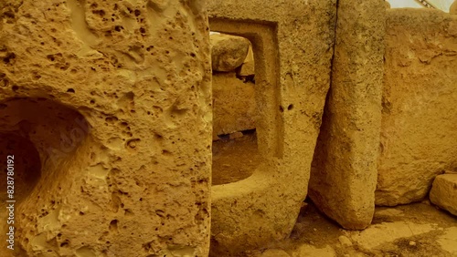 Temple structure, Hagar Qim megalithic temple complex ruins in Qrendi, on the Mediterranean island of Malta, dating from the Ggantija phase. High quality 4k footage