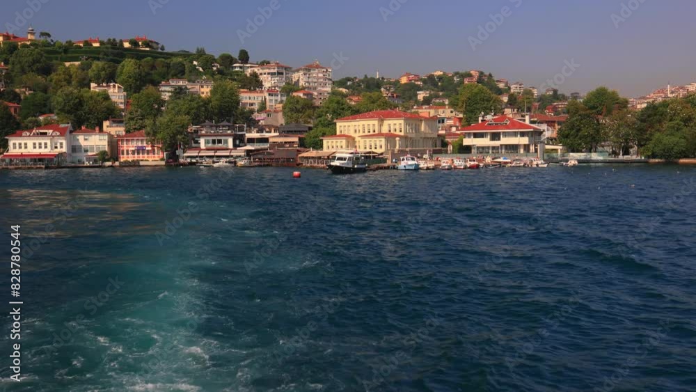 Turquoise blue sea water. View of the Bosphorus in Istanbul city on sunny summer day, in a public place. Turquoise blue sea water. View of the Bosphorus in Istanbul city on sunny summer day, in a public place.