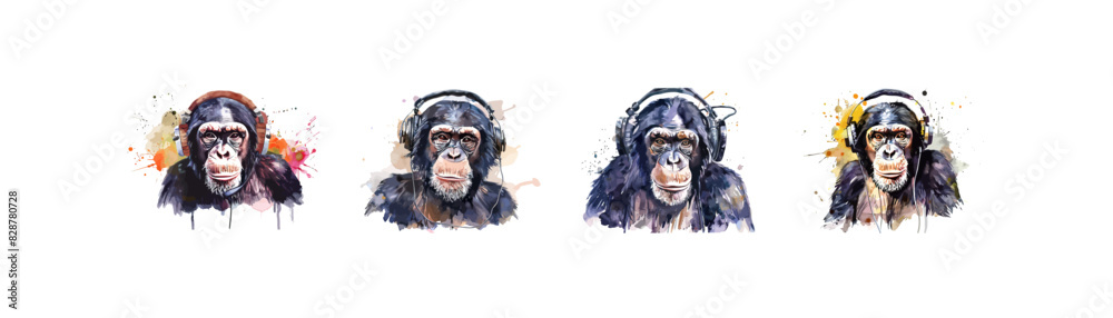 Watercolor Chimpanzees Wearing Headphones Series. Vector illustration design.
